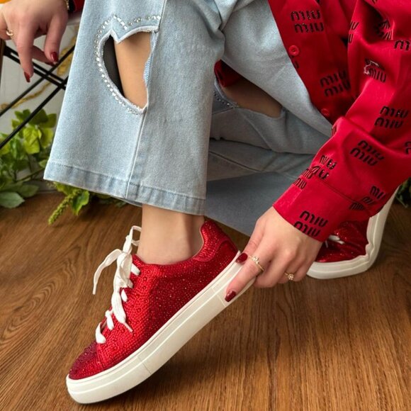 NEW🔥 Sparkling Red Rhinestone Crystal Embellished Lace Up Flat Platform Sneaker - Picture 3 of 8